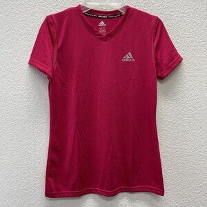 Adidas Girls 14 L T-Shirt High V-Neck Pullover Tee Pink Short Sleeve Athletic